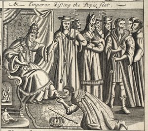 Un imperatore che bacia i piedi del Papa, illustrazione da Atti e Monumenti di John Foxe, nona edizione, pub. 1684 da English School