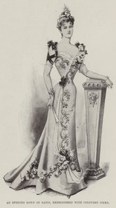 Un abito da sera di raso, ricamato con sete colorate (litografia)