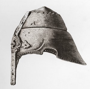 Un elmo nasale dei primi del XII secolo, da The British Army: Its Origins, Progress and Equipment, pubblicato nel 1868