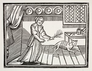 Una vecchia che frusta il suo gatto per aver catturato topi di domenica, illustrazione da Chap-books del XVIII secolo di John Ashton, pub. 1882 da English School