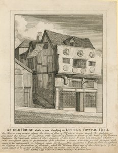 Una vecchia casa che ora si trova su Little Tower Hill, Londra da English School