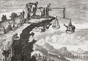 Un metodo insolito per estorcere confessioni dai criminali, da un disegno del XVI secolo di Theodorus de Bry. La scena mostra il criminale seduto sulle bilance dell