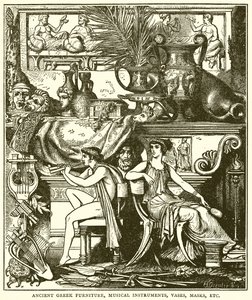 Mobili antichi greci, strumenti musicali, vasi, maschere, ecc. (incisione) da English School
