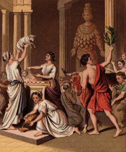 Greci antichi con i loro animali in un tempio