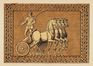 Antica Roma: Nerone come vincitore in una corsa di carri (litografia a colori)