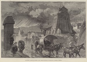 Antica torre di guardia e pietra miliare a Shan-si, Cina del Nord da English School