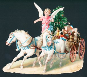 Angelo a cavallo che consegna regali, biglietto di Natale da English School