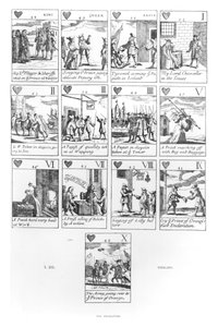Carte da gioco anticattoliche che commemorano la Gloriosa Rivoluzione del 1688, seme di cuori