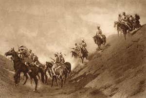 Polizia montata araba che aiutava i britannici ad attraversare il letto prosciugato di un antico canale, 1914-19 da English School