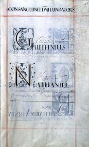 Archivio 3693 f.46 Pagina che elenca tre benefattori del New College, Oxford: Gulielmus, Nathaniel, da un libro di beneficenza da English School