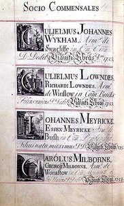 Archivio 3693 f.94v Pagina che elenca quattro benefattori del New College, Oxford; Gulielmus Johannes Wykham, Gulielmus Lowndes, Johannes Meyricke e Carolus Milborne da English School