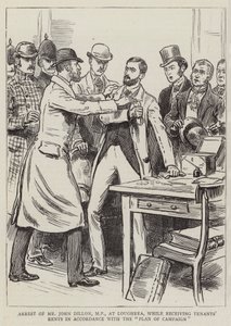 Arresto di Mr John Dillon, MP, a Loughrea, mentre riceveva gli affitti dei contadini secondo il "Piano di Campagna" (incisione) da English School