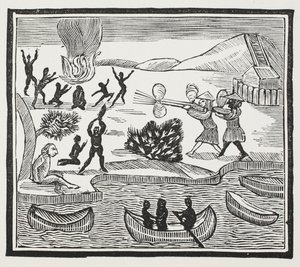 Arrivo dei selvaggi con prigioniero cristiano, illustrazione da Chap-books del XVIII secolo di John Ashton, pub. 1882 da English School