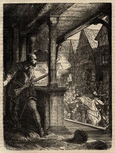 Assassinio del Reggente Murray (James Stewart Moray) - James Stewart Moray (c.1531-70), Reggente di Scozia per il Re Giacomo VI - incisione da 