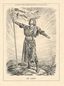 Finalmente, illustrazione di una guerriera che celebra il diritto di voto delle donne, Punch, 23 gennaio