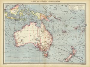 Australasia, Industrie e Comunicazioni (litografia a colori)