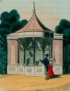 Voliera per pappagalli e cacatua allo zoo di Londra. 1840s
