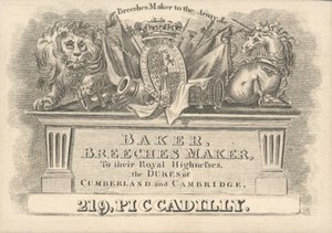 Baker, produttore di pantaloni, 219 Piccadilly, biglietto da visita da English School