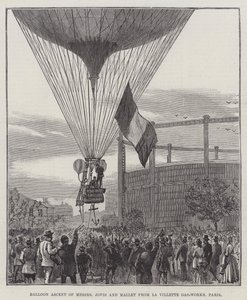 Ascesa in Mongolfiera dei Signori Jovis e Mallet dai Gasometri di La Villette, Parigi (incisione) da English School