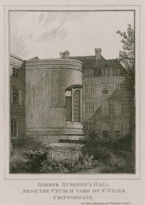 Barber Surgeons Hall, Monkwell Street, Londra, visto dal cimitero della chiesa di St Giles, Cripplegate da English School