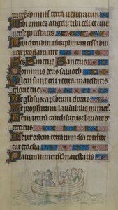 Scena bas-de-page che mostra Thomas Becket e compagni che attraversano la Manica in barca mentre vanno in esilio in Francia, illustrazione dal 