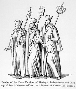 Bidelli delle tre facoltà di teologia, giurisprudenza e medicina, dal funerale di Carlo III, duca di Lorena, illustrazione da Scienza e Letteratura nel Medioevo e nel Rinascimento, scritta e incisa da Paul Lacroix da English School