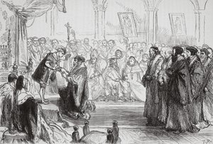 Beza che presenta la Confessione della Chiesa protestante francese al re al Colloquio di Poissy, illustrazione da La storia del protestantesimo di James Aitken Wylie (1808-1890), pub. 1878 da English School