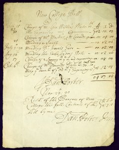 Fattura di Daniel Porter al New College, 1690 da English School