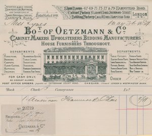 Fattura da Oetzmann & Co, fabbricanti di mobili, tappezzieri, produttori di letti e arredatori di case da English School