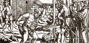 Il vescovo Bonner che picchia il suo prigioniero, John Willes, nel frutteto del suo palazzo a Fulham da English School