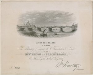 Blackfriars Bridge. Invito alla cerimonia per la posa della prima pietra, 20 luglio 1865 da English School