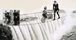 Blondin (Francois Gravelet) attraversa una fune con una carriola sopra le Cascate del Niagara da English School