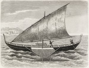 Barca delle Isole Mortlock, con bilanciere e vela di stuoia, da 