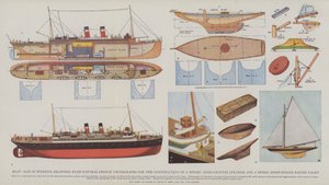 Imbarcazione, serie di disegni di lavoro con fotografie a colori naturali per la costruzione di un modello di nave da crociera e di un modello di yacht da regata a sloop (litografia a colori) da English School