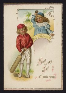 Ragazzo e ragazza che giocano a cricket, cartolina di auguri, fine XIX o inizio XX secolo da English School