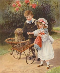 Ragazzo e ragazza che spingono il loro cane in un carrello da English School