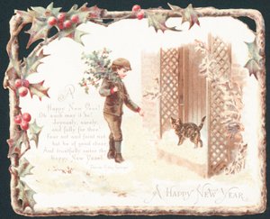 Ragazzo che porta rami di agrifoglio parlando con un gatto, cartolina di Capodanno da English School