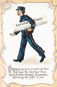 Ragazzo che consegna il giornale Christmas Times, cartolina di Natale