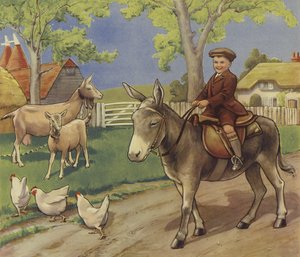 Ragazzo che cavalca un asino nella campagna inglese da English School