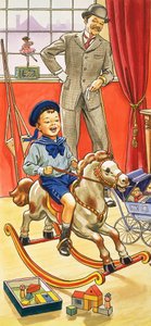 Ragazzo che cavalca un cavallo a dondolo