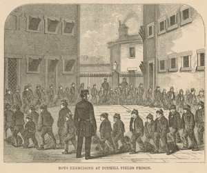 Ragazzi che fanno esercizio alla prigione di Tothill Fields da English School