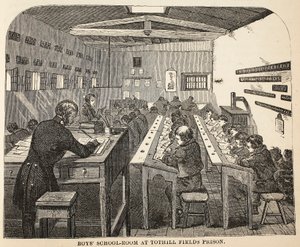 Aula scolastica per ragazzi alla prigione di Tothill Fields, illustrazione da Le Prigioni Criminali di Londra e Scene dalla Vita Carceraria di Henry Mayhew e John Binny, pub. 1862