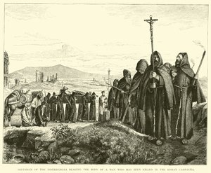 Fratelli della Misericordia che portano il corpo di un uomo ucciso nella Campagna Romana da English School