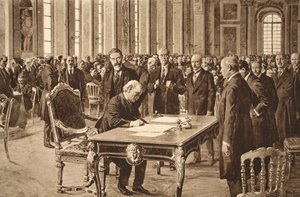 Il Primo Ministro britannico firma il Trattato di Pace con la Germania nella Sala degli Specchi a Versailles, 28 giugno 1919 da English School