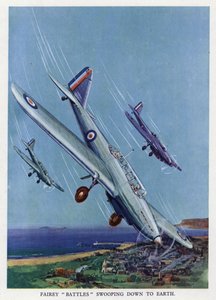 Bombardieri leggeri britannici Fairey Battle in picchiata verso il suolo da English School