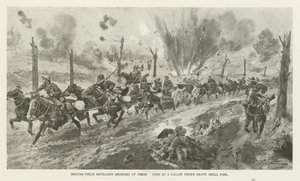 Artiglieria da campo britannica porta i loro cannoni al galoppo sotto pesante fuoco di artiglieria, Prima Guerra Mondiale