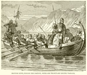Re britannico, Edgar il Pacifico, con i suoi vassalli celtici tributari da English School