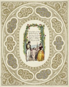 Cartolina di San Valentino britannica con immagine di una coppia con un cherubino da English School