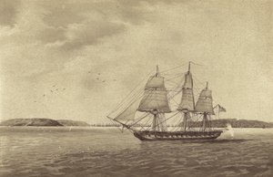Fregata britannica HMS Fisgard, comandata dal capitano Thomas Byam Martin, in ricognizione al largo di Brest, Francia (litografia) da English School