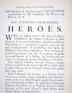 Poster di reclutamento britannico per il Primo Battaglione dei Lealisti della Pennsylvania, durante la Guerra d